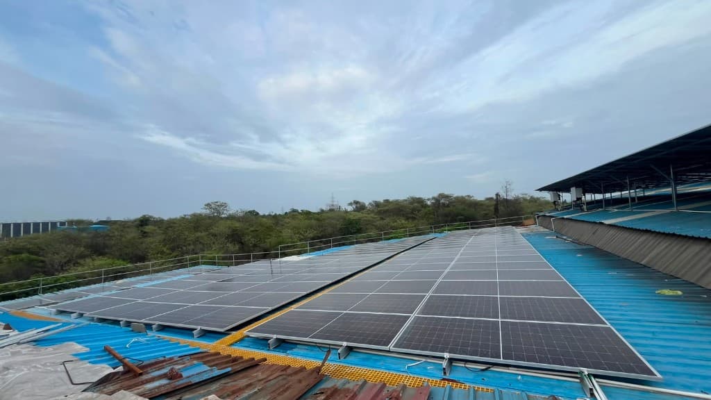 Solar array installed on a blue industrial rooftop beside forest