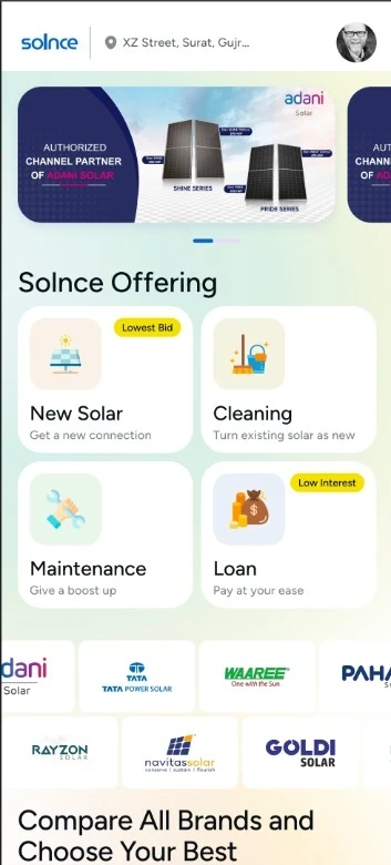 Solnce App home — offerings for new solar, cleaning, maintenance and loans