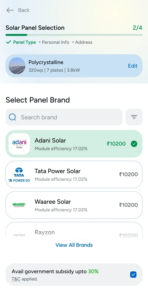 Solnce app screen: Pick Your Solar Panels